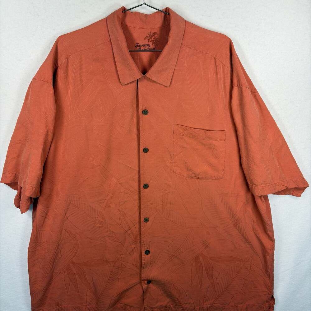 Tommy Bahama Silk Shirt Mens XXL Coral Orange Tropical Leaf Camp Short Sleeve